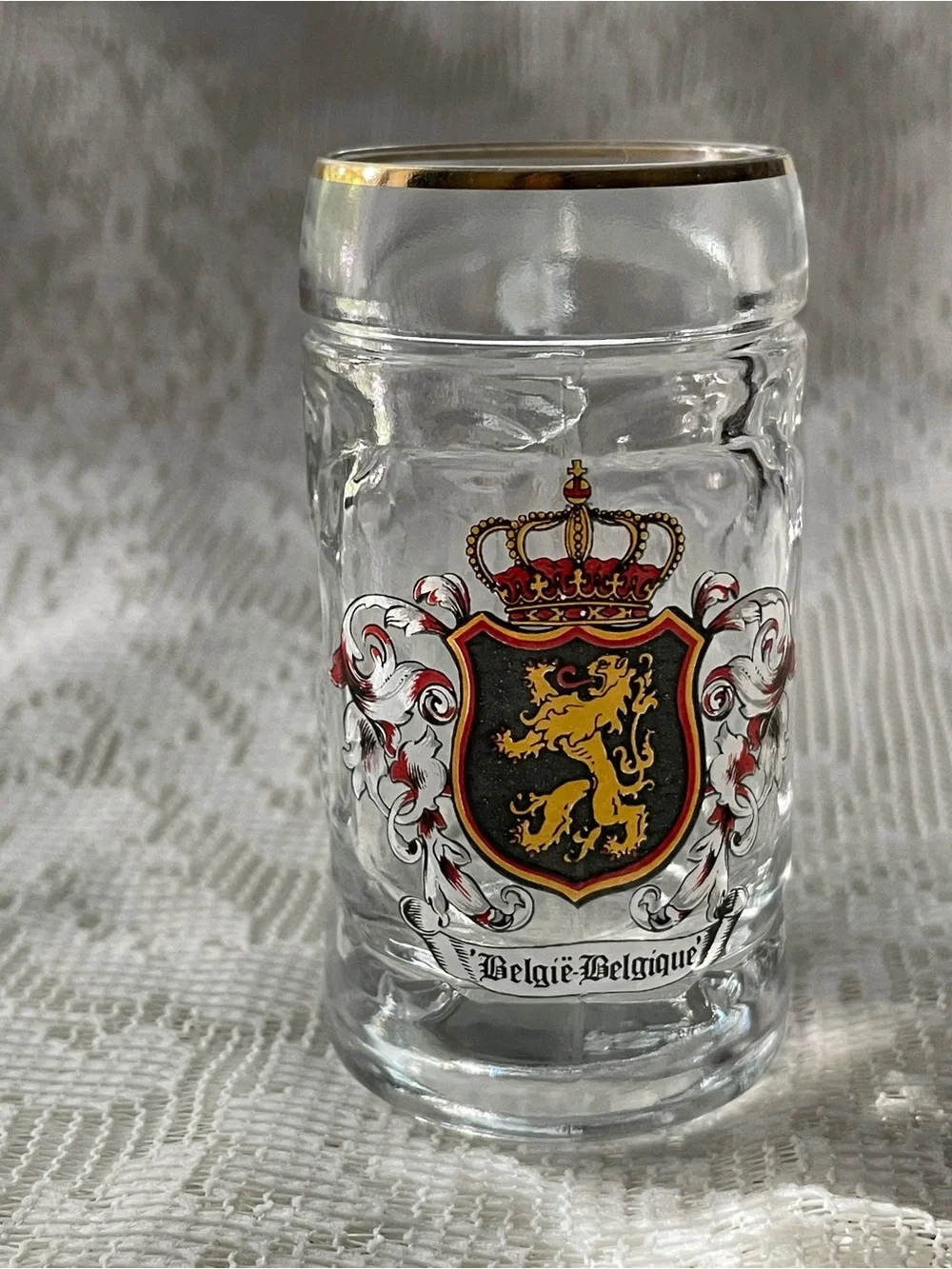 Belgique Crest Clear Glass Shot Glass with Gold Rim and Handle